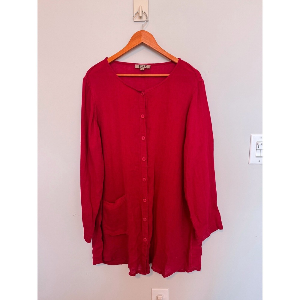 FLAX | Button Down Tunic Women L Pink Linen Cotton Blend Lagenlook Long Shirt